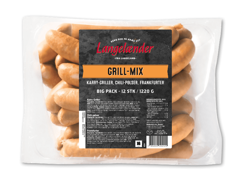 Pakke med pølser, herunder karry-, chili- og frankfurterpølser, 12 stk./1220 g.