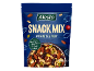 Pose med snackblanding med nødder og frugt, herunder peanuts, rosiner, mandler, pistacienødder og tranebær.