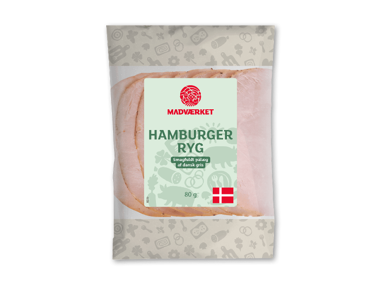 MADVÆRKET Hamburgerryg, 80g skiveskåret dansk svinekød i emballage.
