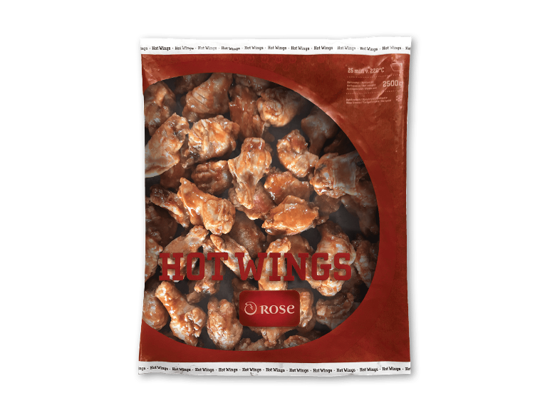 Pakke med frosne hot wings, 2500g, med tilberedningstid 25 min ved 220°C.