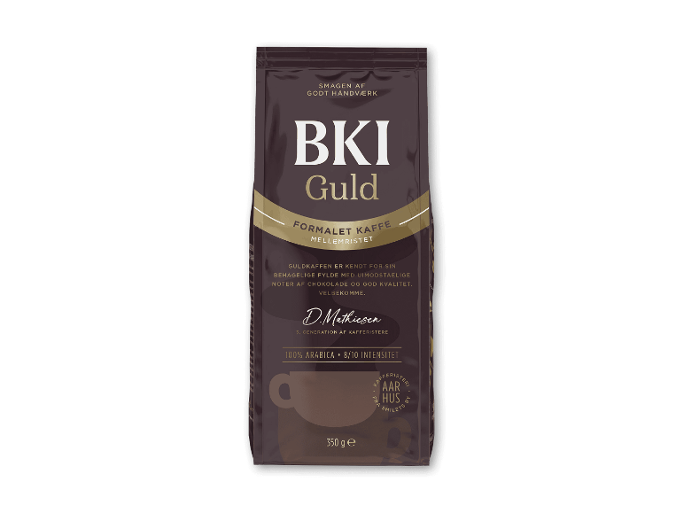 Pakke formalet kaffe med teksten 'Guld' og '100% Arabica', 350g.