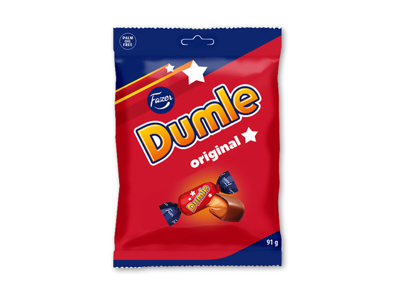 Rød slikpose med karamelslik, teksten ”original” og ”palm oil free”.