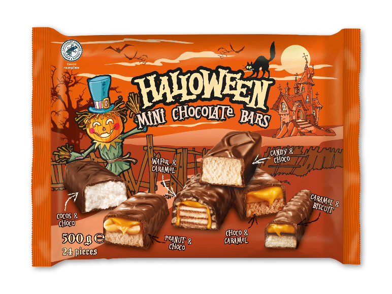 Halloween mini chokoladebarer i blandet pose med uhyggelige illustrationer.