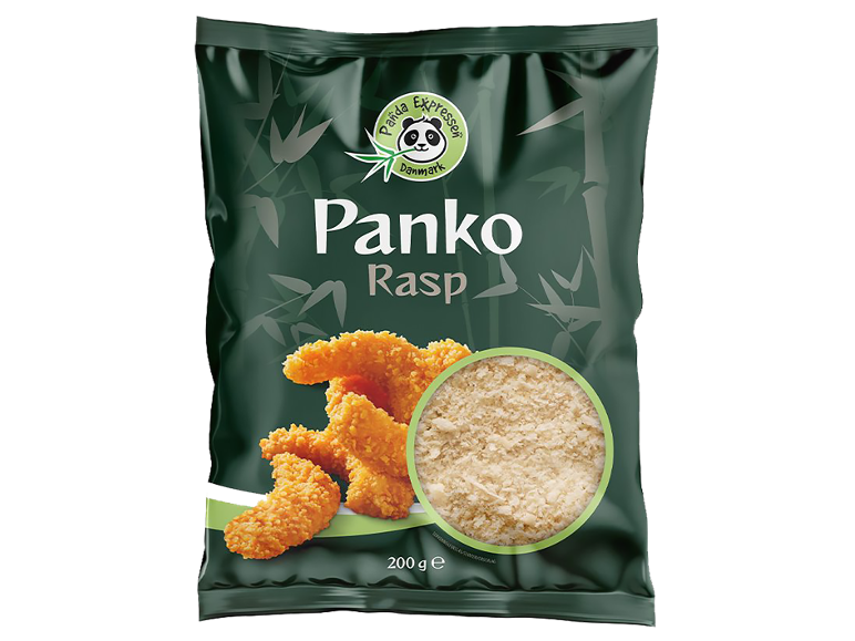 Grøn pakke Panko Rasp rasp, med billeder af sprøde kyllingestykker og rasp.
