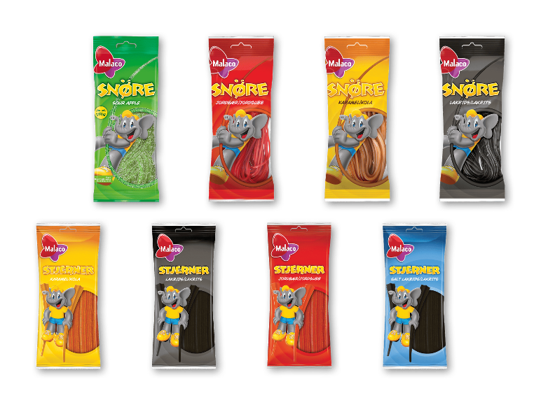 Assorterede farverige slikposer med snører og stjerner med en tegneserieelefant.