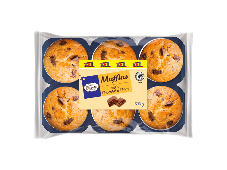 Pakke med seks XXL chokoladechipmuffins, 540g, med Rainforest Alliance kakao-segl.