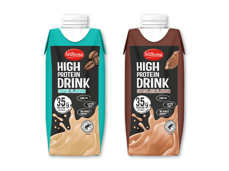 To proteinrige drikke: kaffe- og chokoladesmag, med 35g protein pr. pakke.