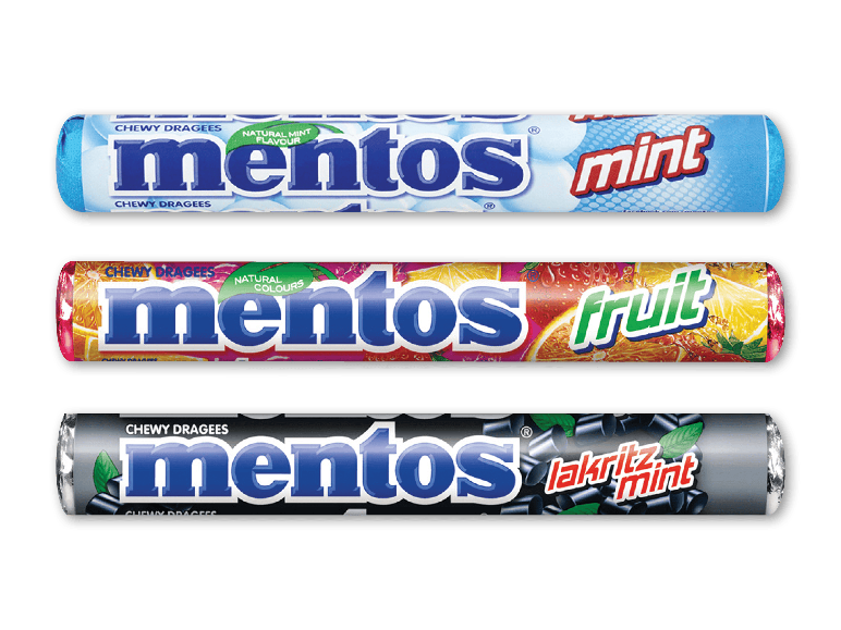 Tre ruller tyggedragéer med smag af mint, frugt og lakrids-mint.
