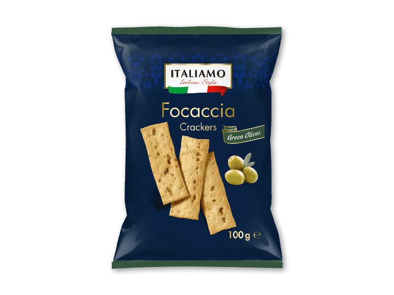 Mørkeblå pose focaccia kiks med grønne oliven, 100g.