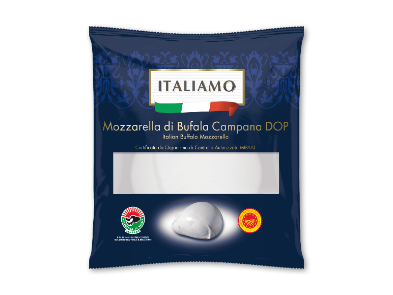 Emballage med italiensk bøffelmozzarella med teksten 'Mozzarella di Bufala Campana DOP'.