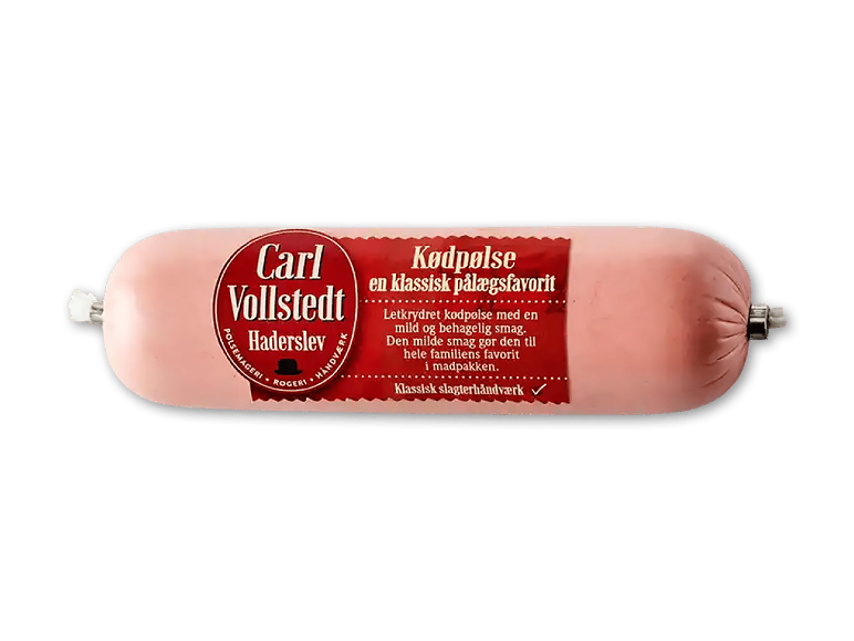 Kødpølse i pølsehylster med klassisk slagterhåndværk.