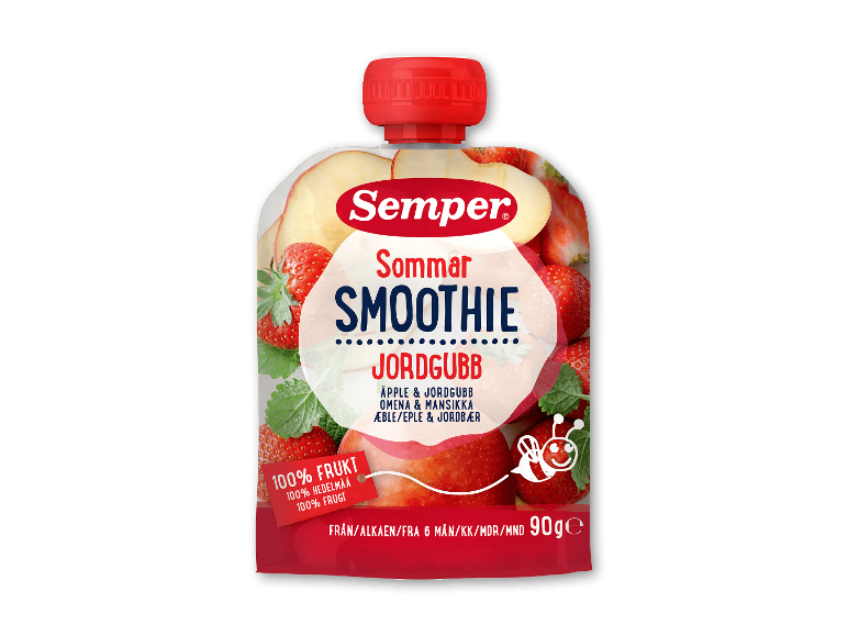 Sommerfrugtsmoothie med jordbær og æble, 100% frugt, fra 6 måneder, 90g.