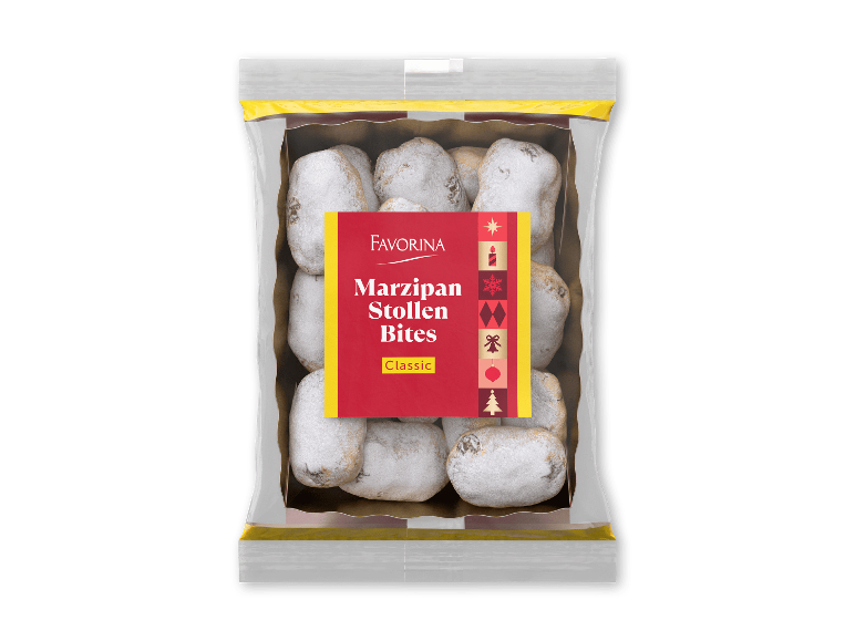 Favorina Marcipan Stollen Bites Classic i en gennemsigtig pose