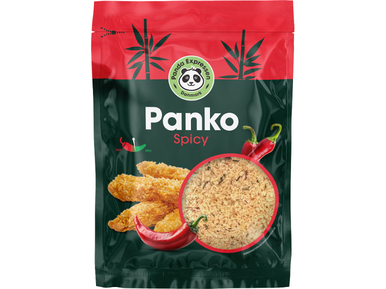 Emballage med krydret panko rasp, panerede kyllingestykker og chilipeber.