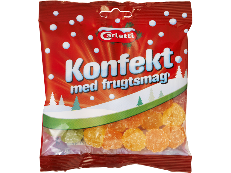Rød pose frugtkonfekt med vintertema og snefnug.