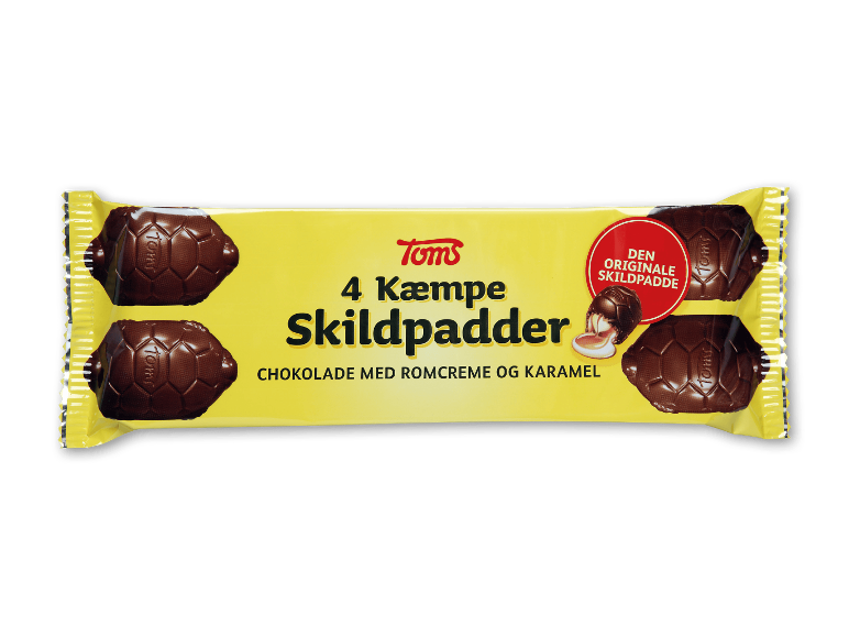 Gul pakke med chokoladeskildpadder med romcreme og karamel.