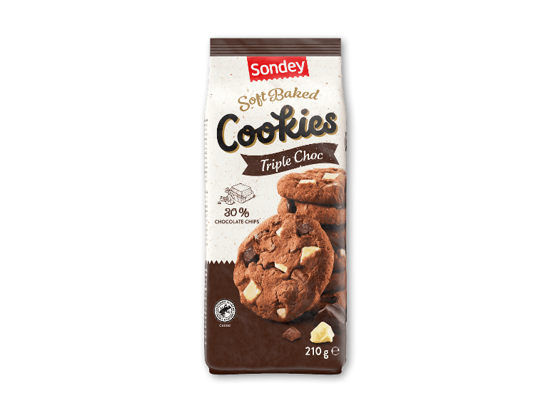 Bløde cookies med triple chokolade og 30 % chokoladestykker, 210 g