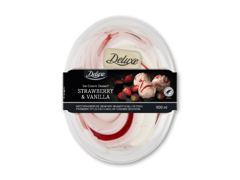 Jordbær- og vaniljeisdessert i en 900 ml bøtte