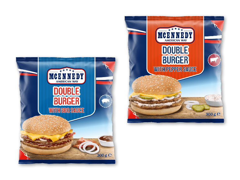 McEnnedy Double Burgers med BBQ- og pebersovs, 300 g pakker.
