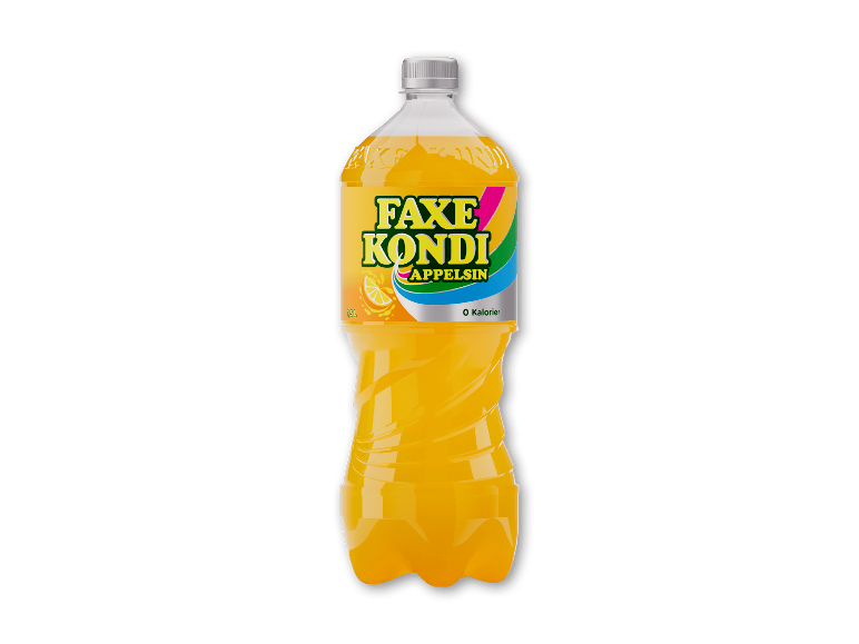 Orange sodavand i plastflaske med etiket, der angiver '0 Kalorier'.