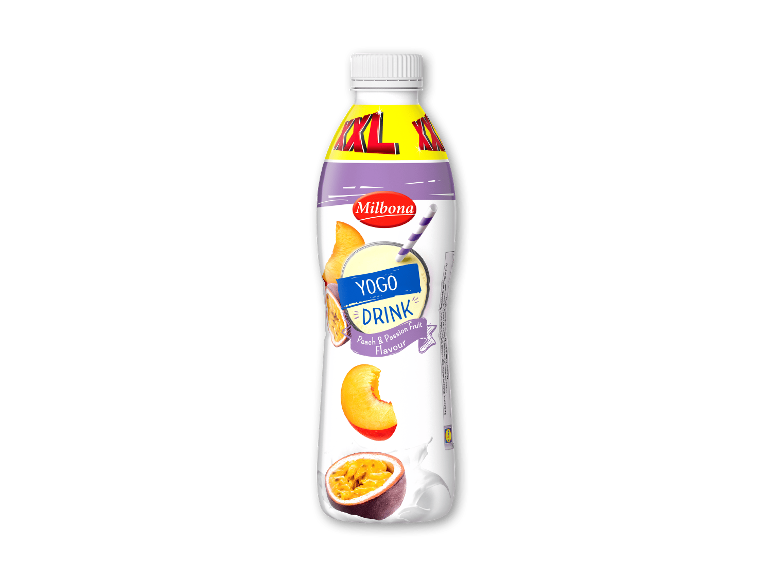 Milbona drikkeyoghurt med fersken- og passionsfrugtsmag XXL.