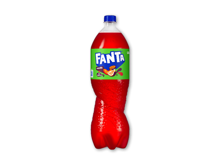 Fanta Exotic 1,75l flaske med grøn etiket og rød sodavand