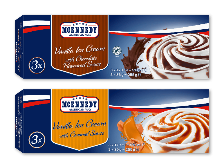 Vaniljeis med chokolade- og karamelsauce i 3-pak.