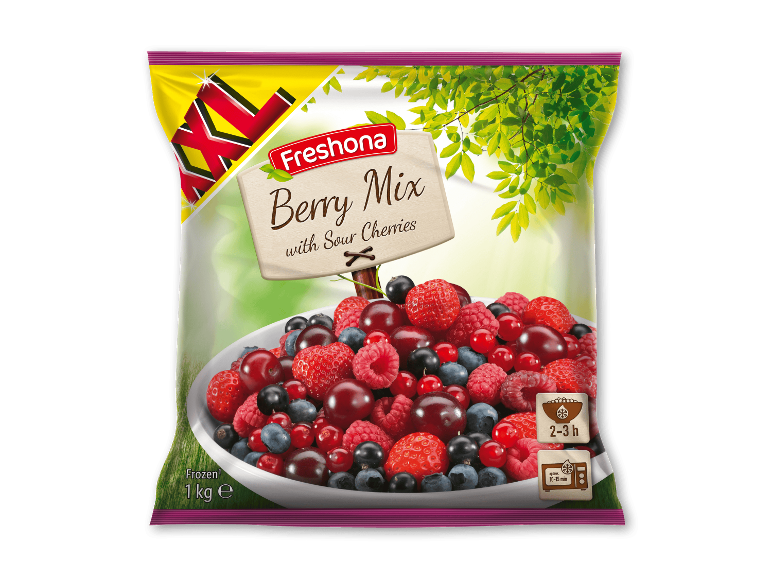 Frossen bærblanding med surkirsebær, 1 kg, med optønings- og mikroovnsinstruktioner.