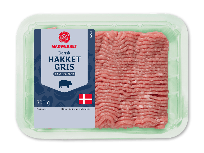 Pakke hakket gris, 14-18% fedt, 300g, med dansk flag.