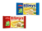 To pakker frosne blinis: en med kyllingefyld og en med hakket kød.