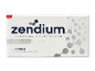 Hvid æske tandpasta med tekst: 'NY', 'MILD WHITENER', '2 TUBES', 'Zendium Prozyme System'