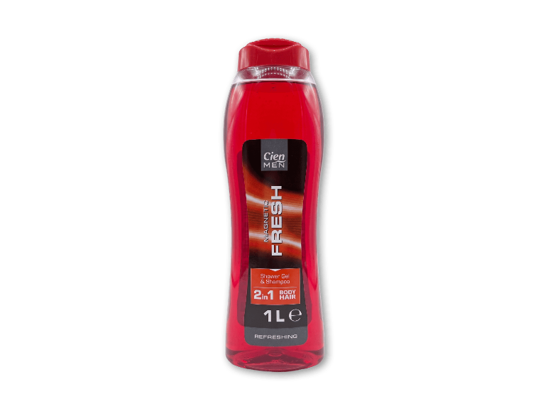 Rød 2-i-1 showergel og shampoo til mænd, 1 l flaske