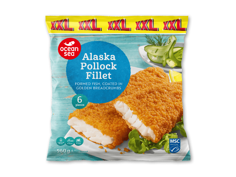 XXL pakke med panerede Alaska Pollock-fileter, 6 stykker, 960g, frosne.