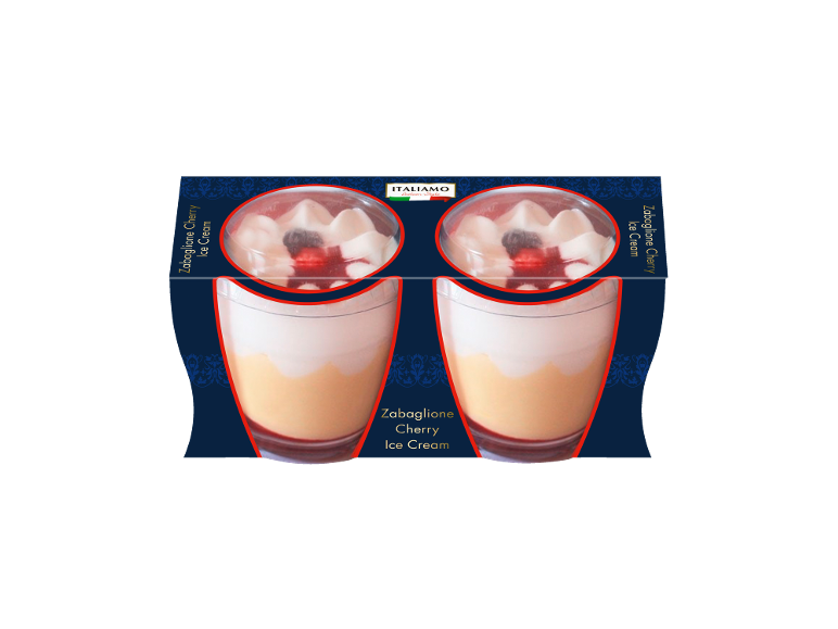 Zabaglione kirsebæris i dobbeltpakke, med tekst der angiver smagen.