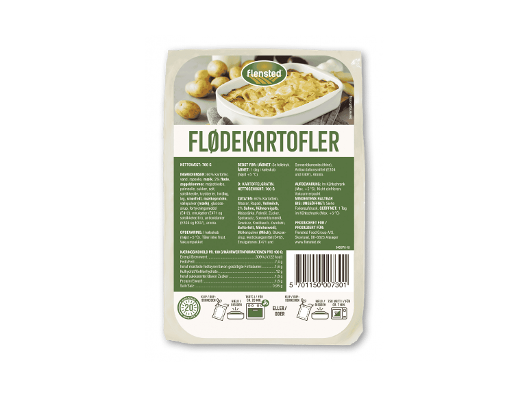 Flødekartofler med ernæringsoplysninger og tilberedningsinstruktioner.