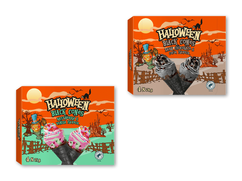 Halloween sorte isvafler med smag af hindbær & vanilje og mørk chokolade.