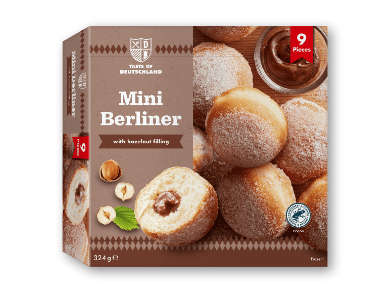 Æske med frosne mini Berliner-berlinere med hasselnøddefyld, 9 stk., 324g.