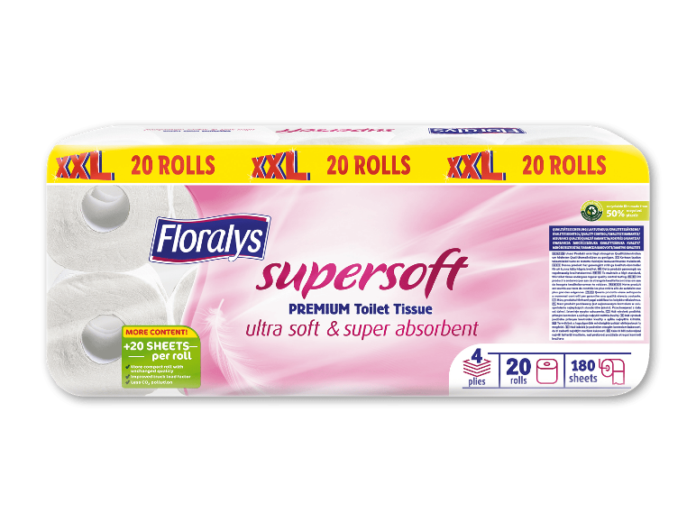 Toiletpapir med 20 ruller, superblødt og superabsorberende, med 4 lag og 180 ark.