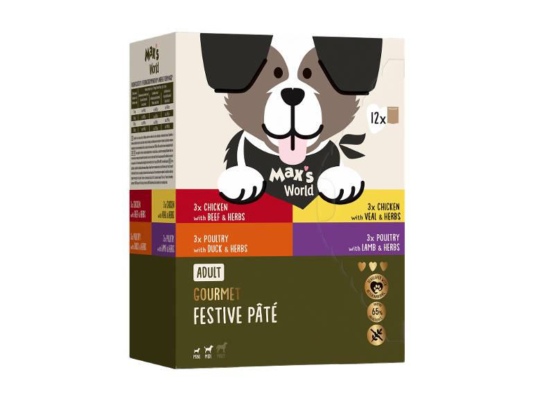 Æske med festlig gourmetpaté til voksne hunde, med 12 portioner kylling, oksekød, and og lam.