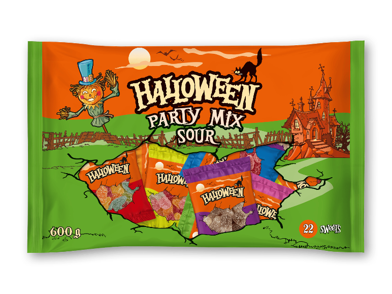 Halloween Party Mix Sour slikpose, 600g, med et uhyggeligt design med fugleskræmsel og slot.