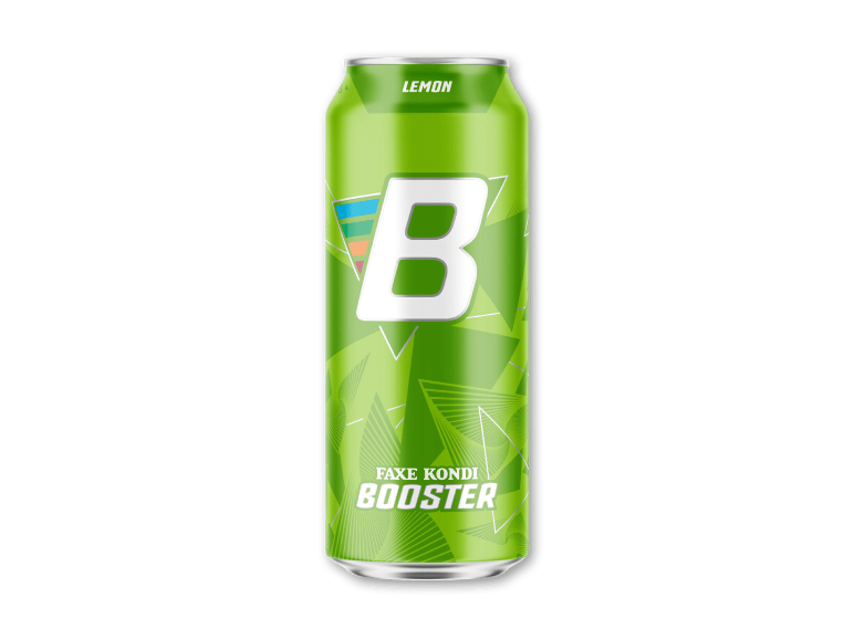 Grøn energidrikdåse med teksten 'Lemon' og 'Booster'.