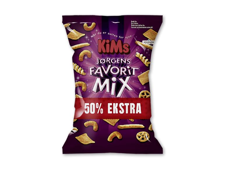 Lilla snackspose med forskellige salte snacks og '50% EKSTRA' i rødt banner.