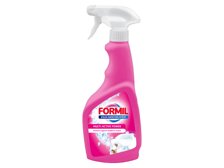 Pink pletfjerner spray med teksten ”Multi-active power, powerful against stubborn stains”.