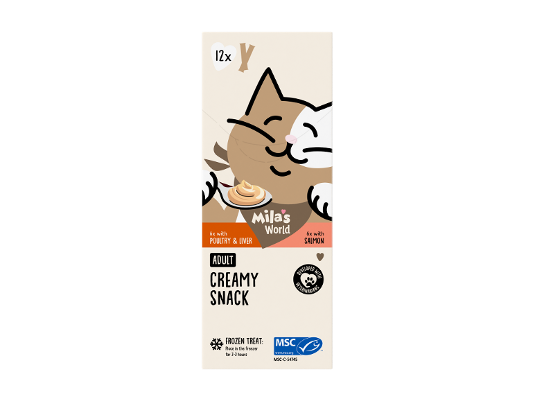Mila's World Voksen Cremet Snack med fjerkræ & lever og laks, 12x frossen godbid.