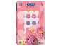 Lyserød emballage med sukkerblomsterdekorationer, synlige cupcakes.