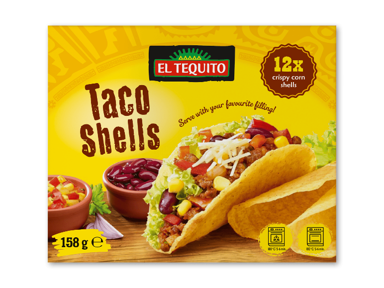 Taco skaller emballage med 12 sprøde majsskaller og fyldforslag.