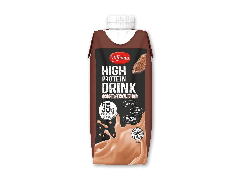 Højprotein chokoladedrik, 35g protein pr. pakke, lavt fedtindhold, laktosefri, uden tilsat sukker.