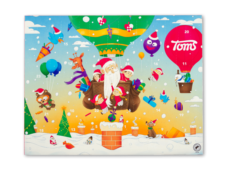 Farverig julekalender med et festligt motiv af julemanden i en varmluftballon.