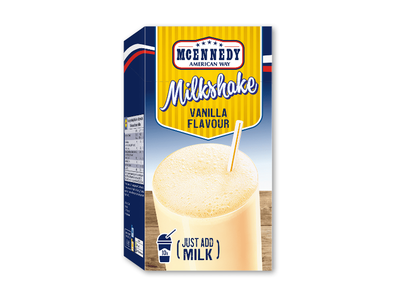 Vaniljemilkshake-mix i en æske, som skal tilberedes ved at tilsætte mælk.
