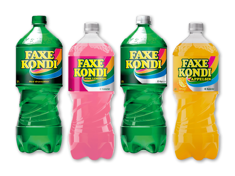 Fire 1,5 liters sodavandsflasker: to grønne, en lyserød 'Pink Lemonade' og en orange 'Appelsin'.
